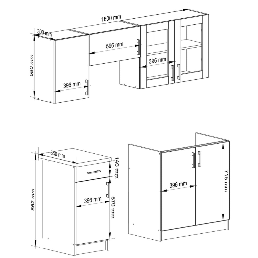 Küchenzeile 180 cm – LIMA – moderne Küchen mit Vitrine und Arbeitsplatte Ohne Elektrogeräte