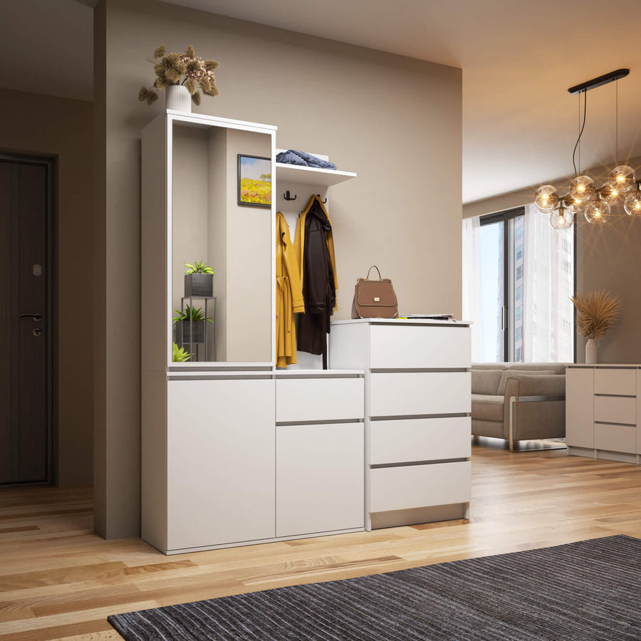 Garderobe – ENTRO – Garderobenschrank mit Spiegel, 3 Türen und Schublade