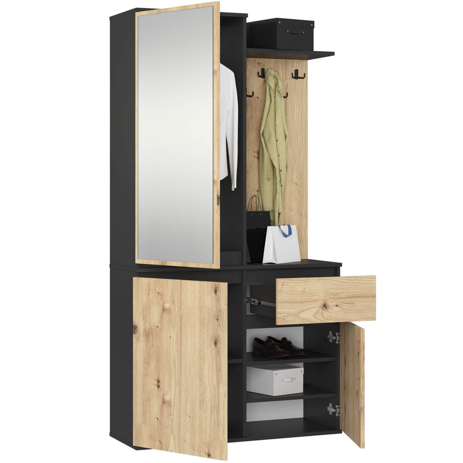 Garderobe – ENTRO – Garderobenschrank mit Spiegel, 3 Türen und Schublade