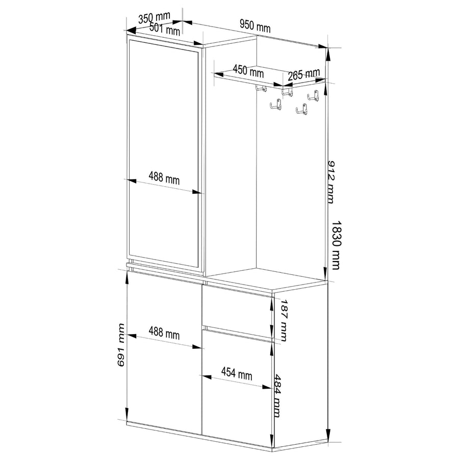 Garderobe – ENTRO – Garderobenschrank mit Spiegel, 3 Türen und Schublade