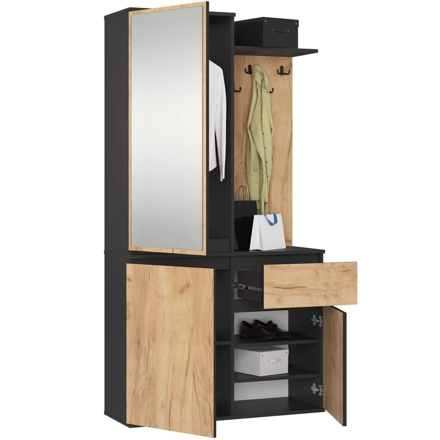 Garderobe – ENTRO – Garderobenschrank mit Spiegel, 3 Türen und Schublade