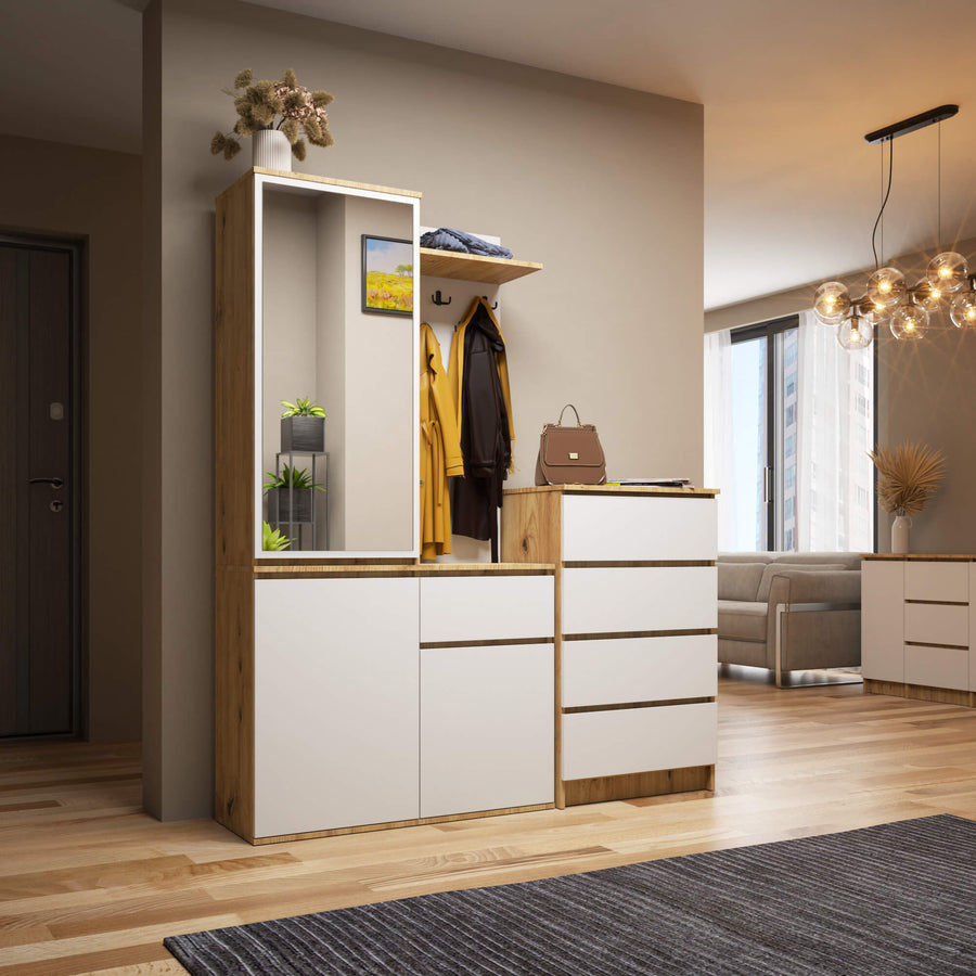 Garderobe – ENTRO – Garderobenschrank mit Spiegel, 3 Türen und Schublade