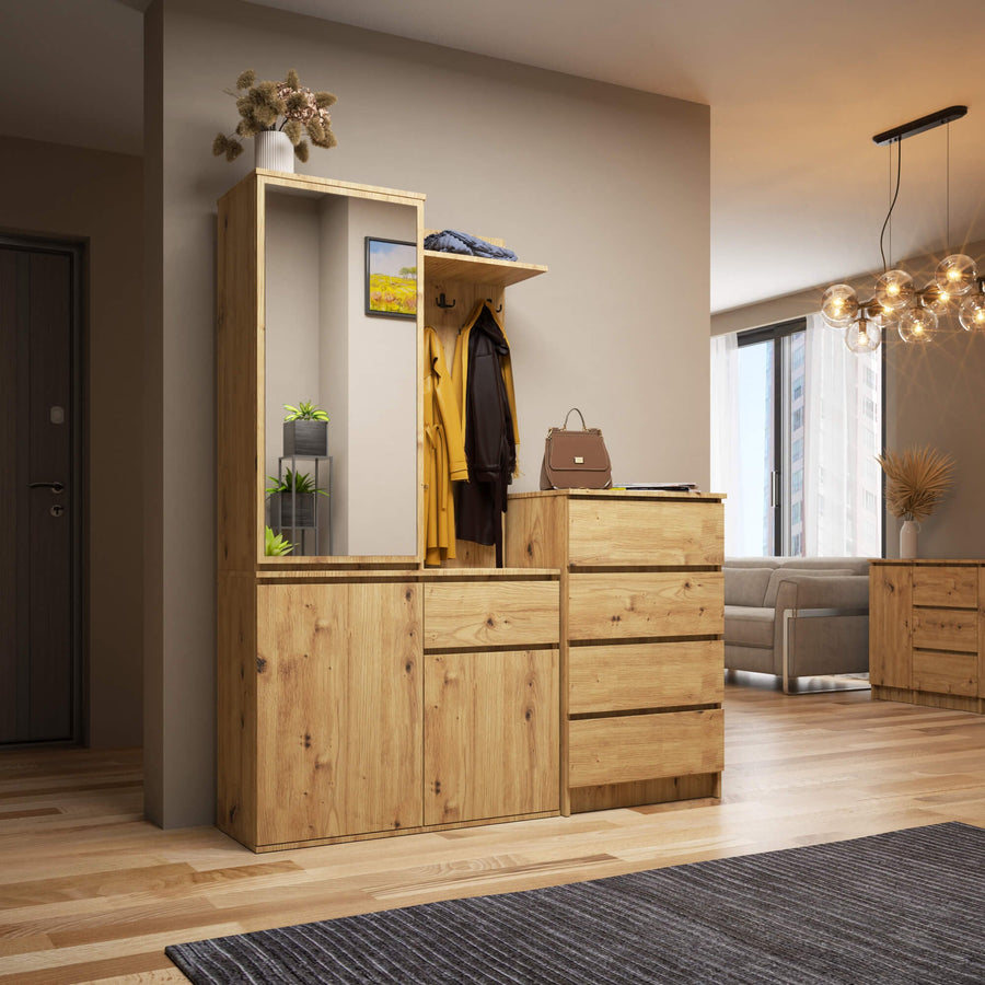 Garderobe – ENTRO – Garderobenschrank mit Spiegel, 3 Türen und Schublade