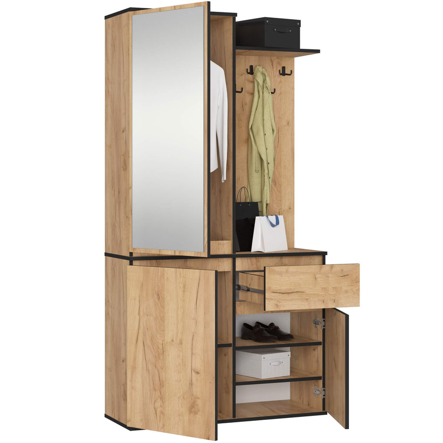 Garderobe – ENTRO – Garderobenschrank mit Spiegel, 3 Türen und Schublade