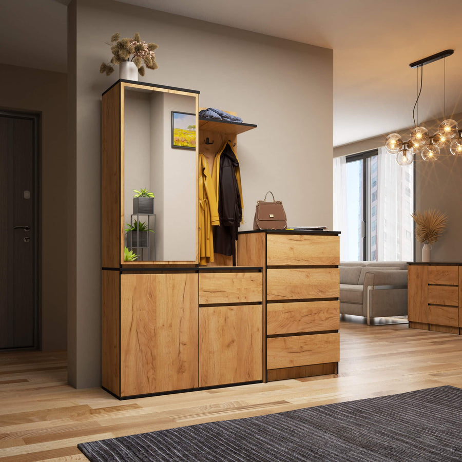 Garderobe – ENTRO – Garderobenschrank mit Spiegel, 3 Türen und Schublade