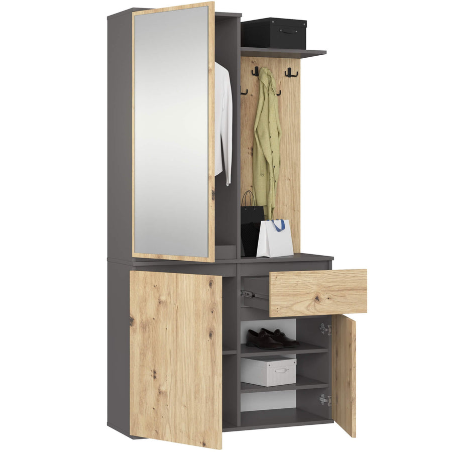 Garderobe – ENTRO – Garderobenschrank mit Spiegel, 3 Türen und Schublade