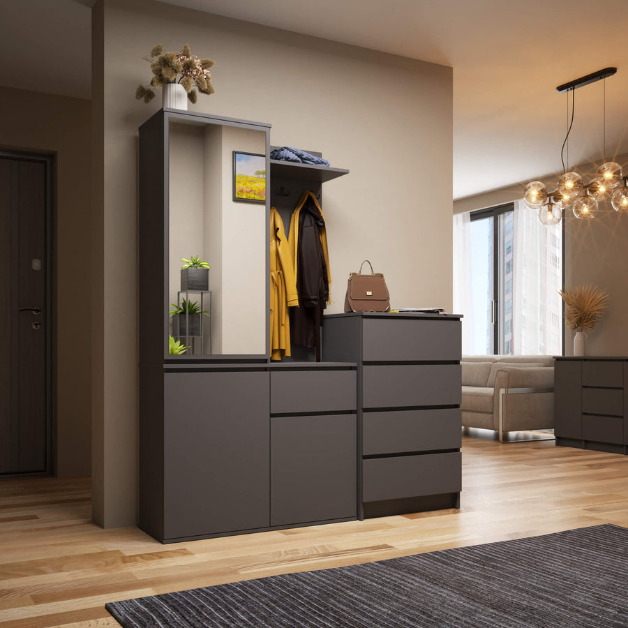Garderobe – ENTRO – Garderobenschrank mit Spiegel, 3 Türen und Schublade